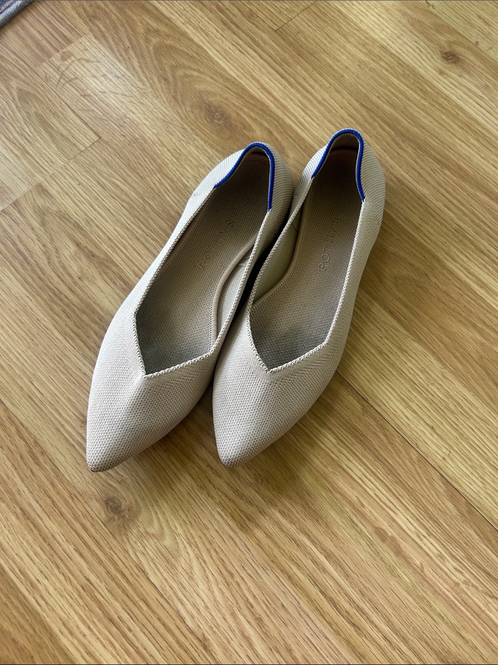 Rothy's Beige Pointed-Toe Flats with Blue Trim